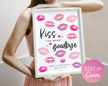 Load image into Gallery viewer, Editable Kiss the Miss Goodbye Sign | Editable Miss to Mrs Sign for Bridal Shower Keepsake, Bachelorette Game, Hen Party, Lipstick, Canva Template
