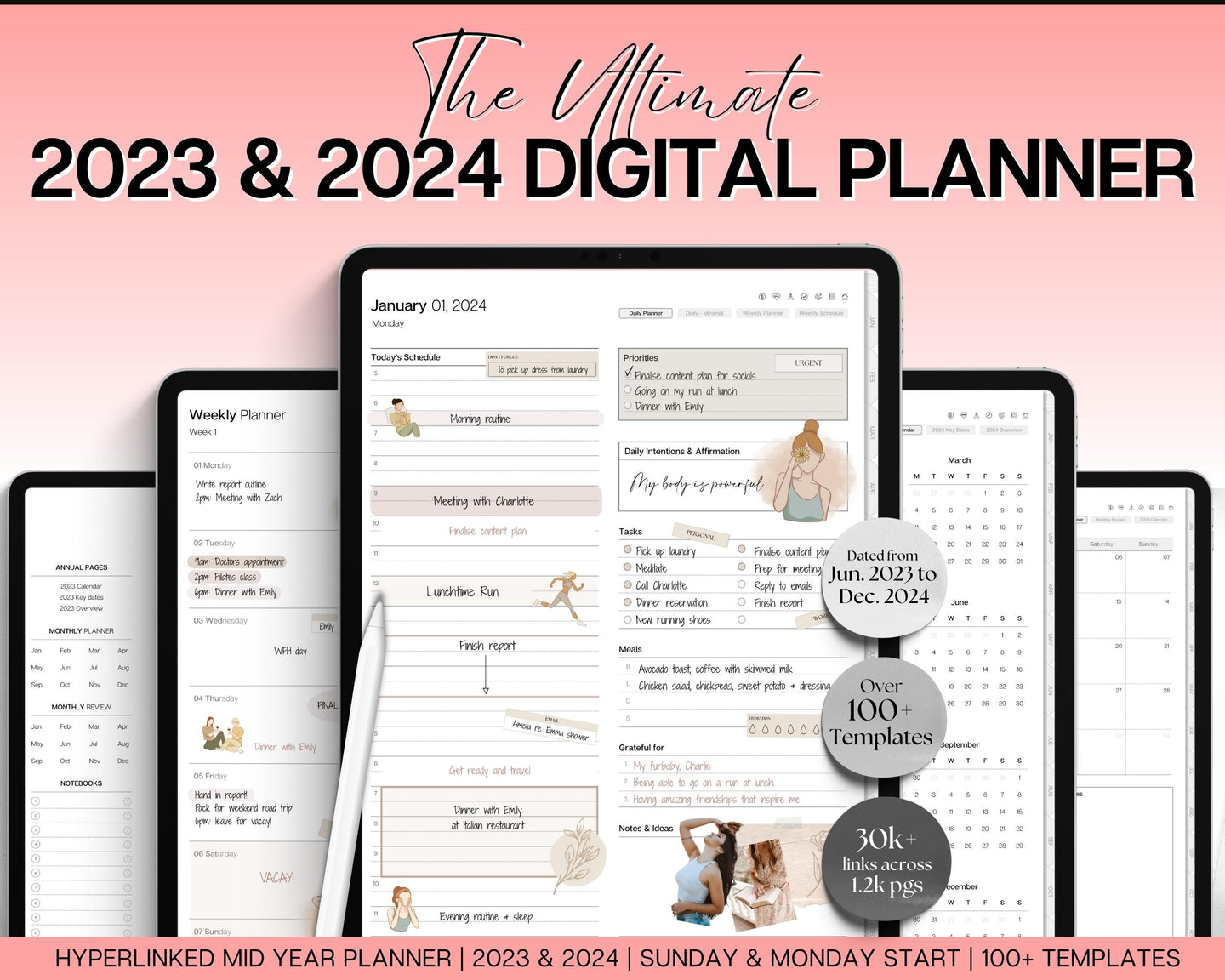 2023 2024 Ultimate Digital Planner | Daily, Weekly, Monthly Planner for iPad & GoodNotes, That Girl Aesthetic | Mono