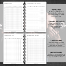 Load image into Gallery viewer, 90 Day Fitness &amp; Workout Planner for Men | Gym Journal, Weight Loss Tracker, Meal Planner, Self Care Habit Tracker | A5 Mono
