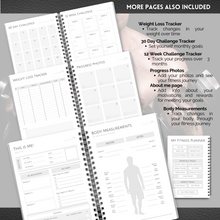 Load image into Gallery viewer, 90 Day Fitness &amp; Workout Planner for Men | Gym Journal, Weight Loss Tracker, Meal Planner, Self Care Habit Tracker | A5 Mono
