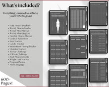 Load image into Gallery viewer, UNDATED Digital Fitness Planner | iPad GoodNotes Fitness Journal, Weight Loss Tracker &amp; Workout Planner | Dark
