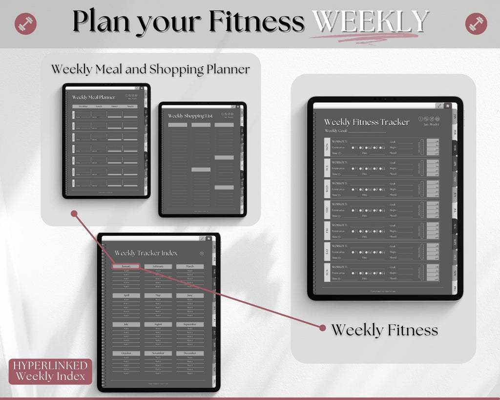 Digital File Gym Course Digital FITNESS planner | Undated Weight Loss Tracker for GoodNotes