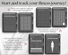 Load image into Gallery viewer, UNDATED Digital Fitness Planner | iPad GoodNotes Fitness Journal, Weight Loss Tracker &amp; Workout Planner | Dark
