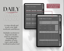Load image into Gallery viewer, UNDATED Digital Fitness Planner | iPad GoodNotes Fitness Journal, Weight Loss Tracker &amp; Workout Planner | Dark

