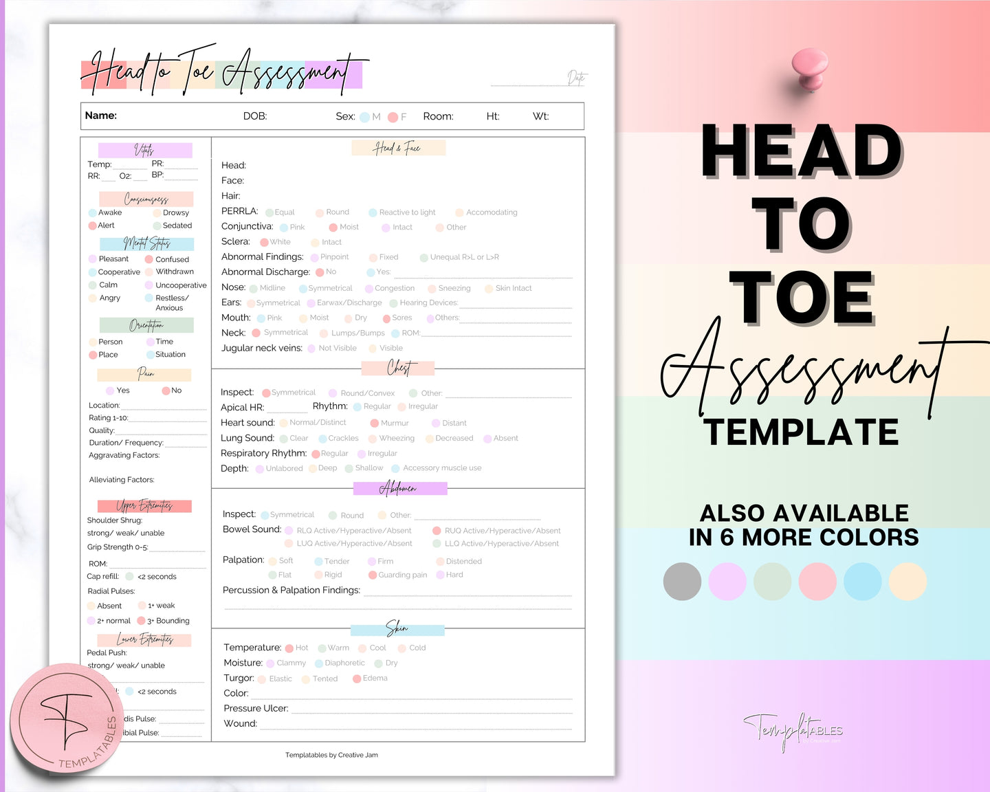 Head to toe Assessment Sheet | includes Head-to-toe Assessment Guide, Nursing Study Guide, Nurse Report, Nursing Student Notes & Nclex Care Plan | Colorful