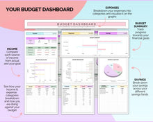 Load image into Gallery viewer, COLORFUL Budget Spreadsheet | Google Sheets Automated Budget Planner for Paychecks, Financial Planning and Savings | Rainbow
