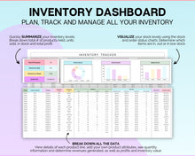 Load image into Gallery viewer, Inventory Tracker Spreadsheet | Small Business Inventory Management Template &amp; Business Stock Tracker for Google Sheets | Colorful
