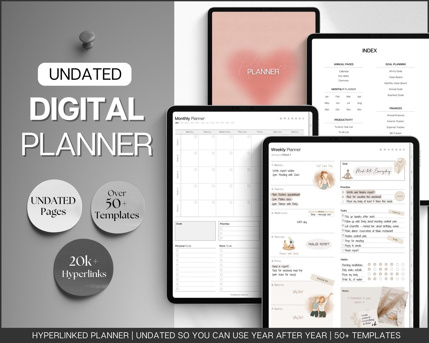 Undated Digital Planner | Daily, Weekly, Monthly Planner for iPad & GoodNotes | Mono