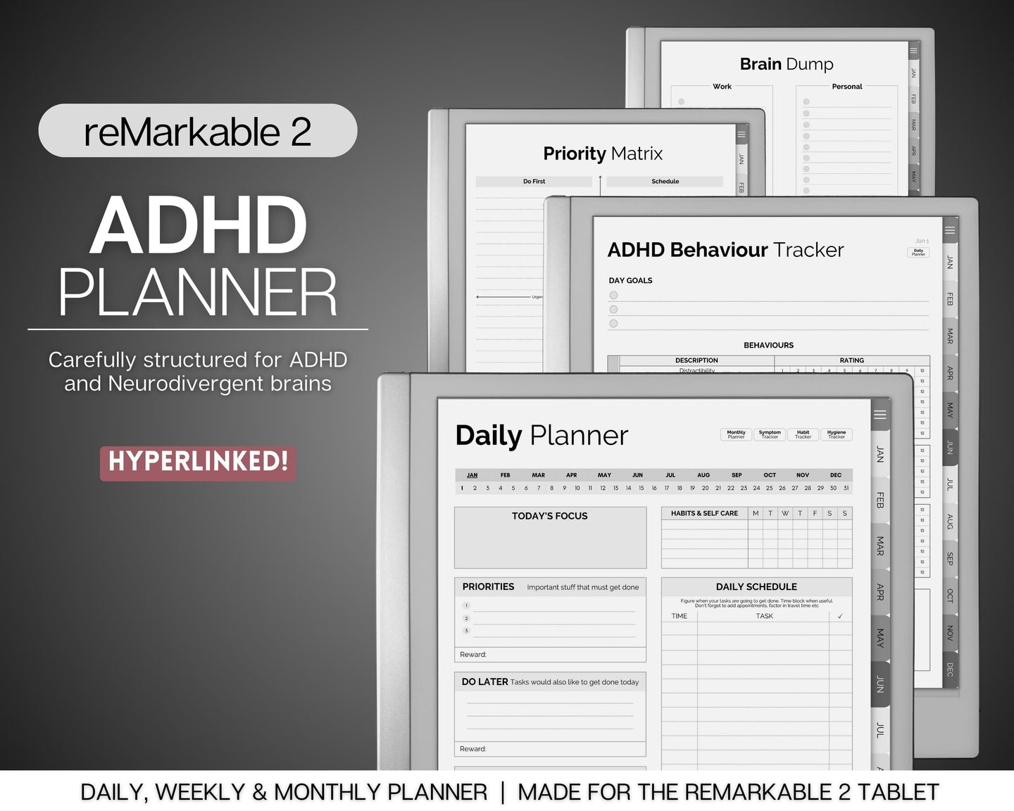 reMarkable 2 ADHD Digital Planner - Daily Planner for Neurodivergent Adults | Brain Dump Template, To Do List, Cleaning & Symptom Tracker