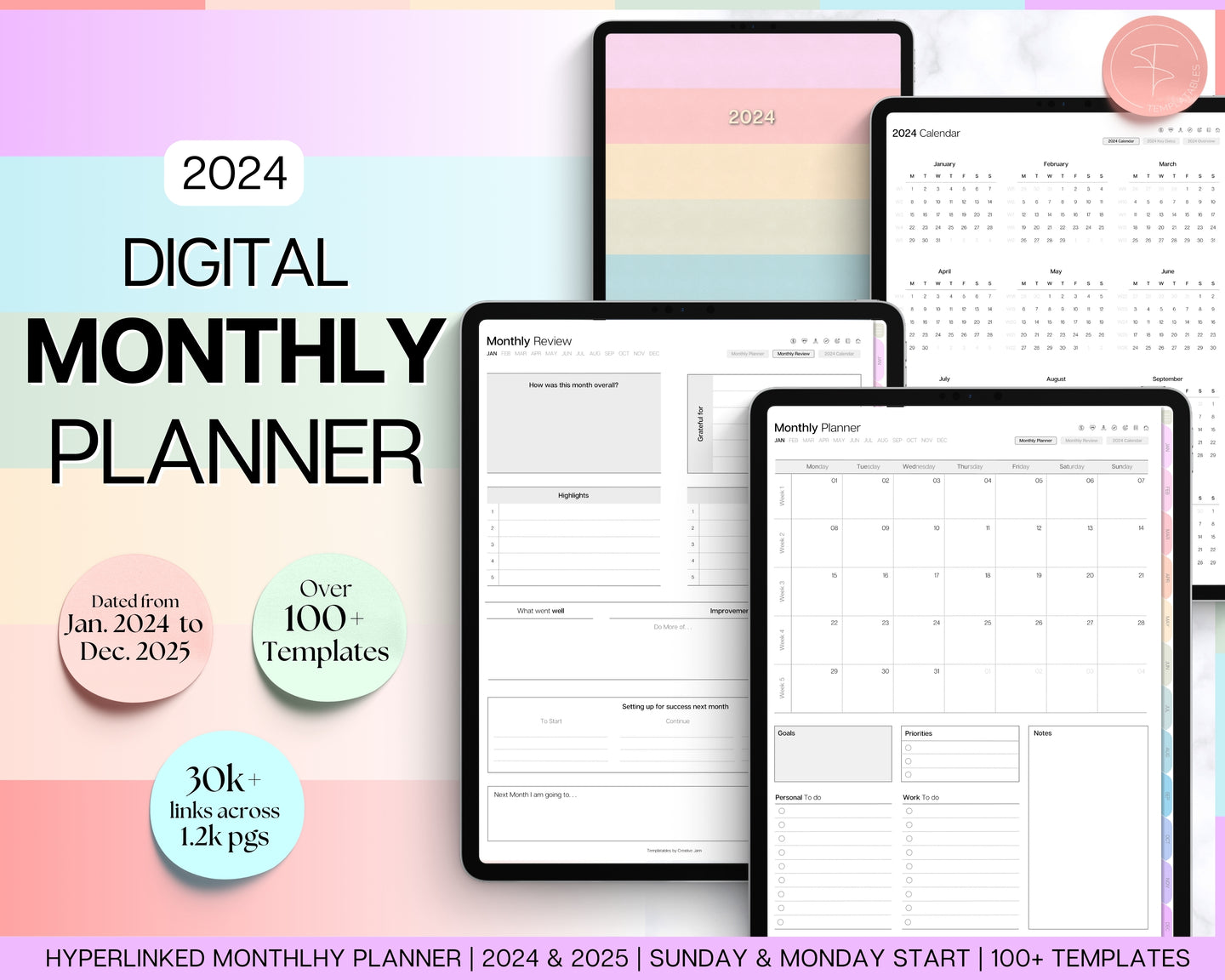 2024 Colorful Monthly Planner | COLORFUL Hyperlinked Digital Calendar & iPad Planner |  Monthly Schedule, Life Planner | For GoodNotes & Notability
