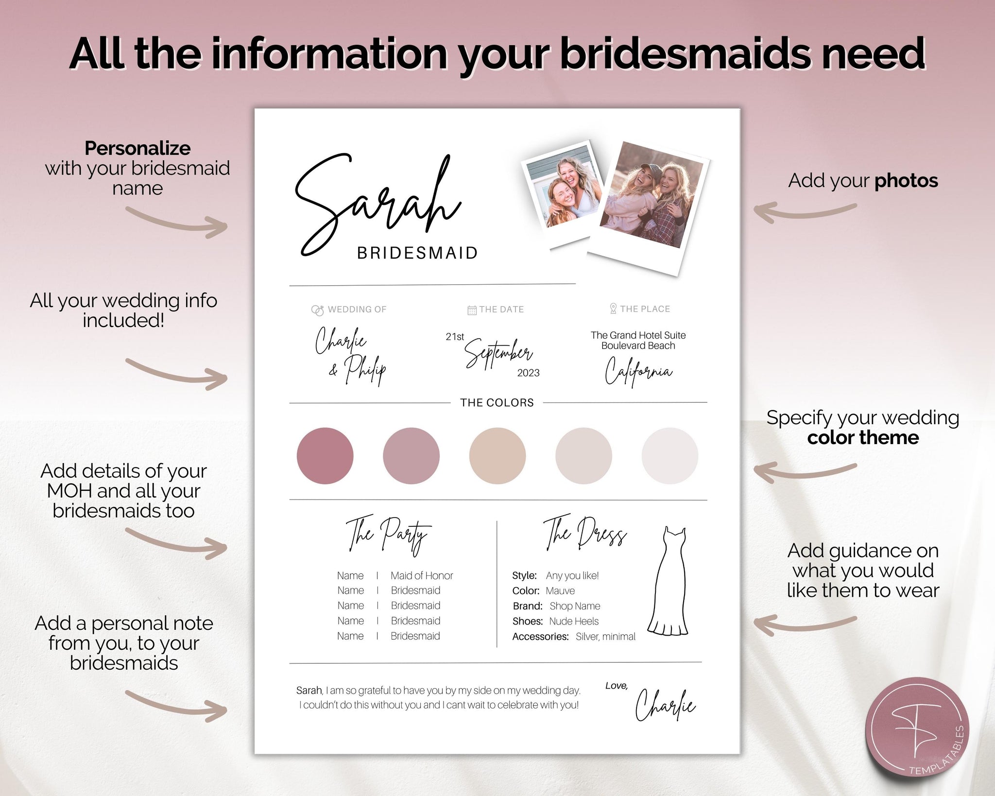 EDITABLE Bridesmaid Info Card | Wedding Information Canva Template