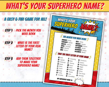 Load image into Gallery viewer, Superhero Party Game | What’s your Superhero Name? Includes Super Hero Party Decoration, Name Sign, Kids &amp; Birthday Party Decor | Printable Games | Boy
