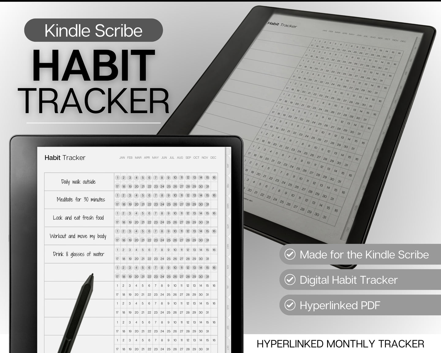 Kindle Scribe Digital Habit Tracker | Digital Planner with Daily, Monthly & Yearly Habit Tracker | Simple Goal Tracker & Routine Tracker Templates