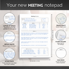 Load image into Gallery viewer, Meeting Minutes Note Taking Professional Notepad | Plan, Record and Track Actions, Agendas from all your Important Meetings Desk Pad | 50 Undated Tear Away Sheets | A4 Mono
