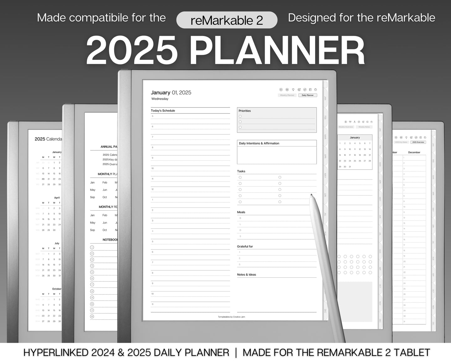 2025 Daily Planner for the reMarkable | Hyperlinked Digital Planner with templates for reMarkable tablets, Calendar & Task List Planner | Minimalist