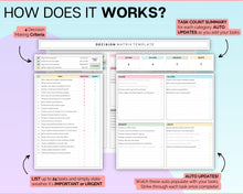 Load image into Gallery viewer, Decision Matrix Spreadsheet | Task Priority Tracker Template with Google Sheets Spreadsheet, Eisenhower Matrix, To Do List, Decision Maker &amp; Brain Dump | Colorful
