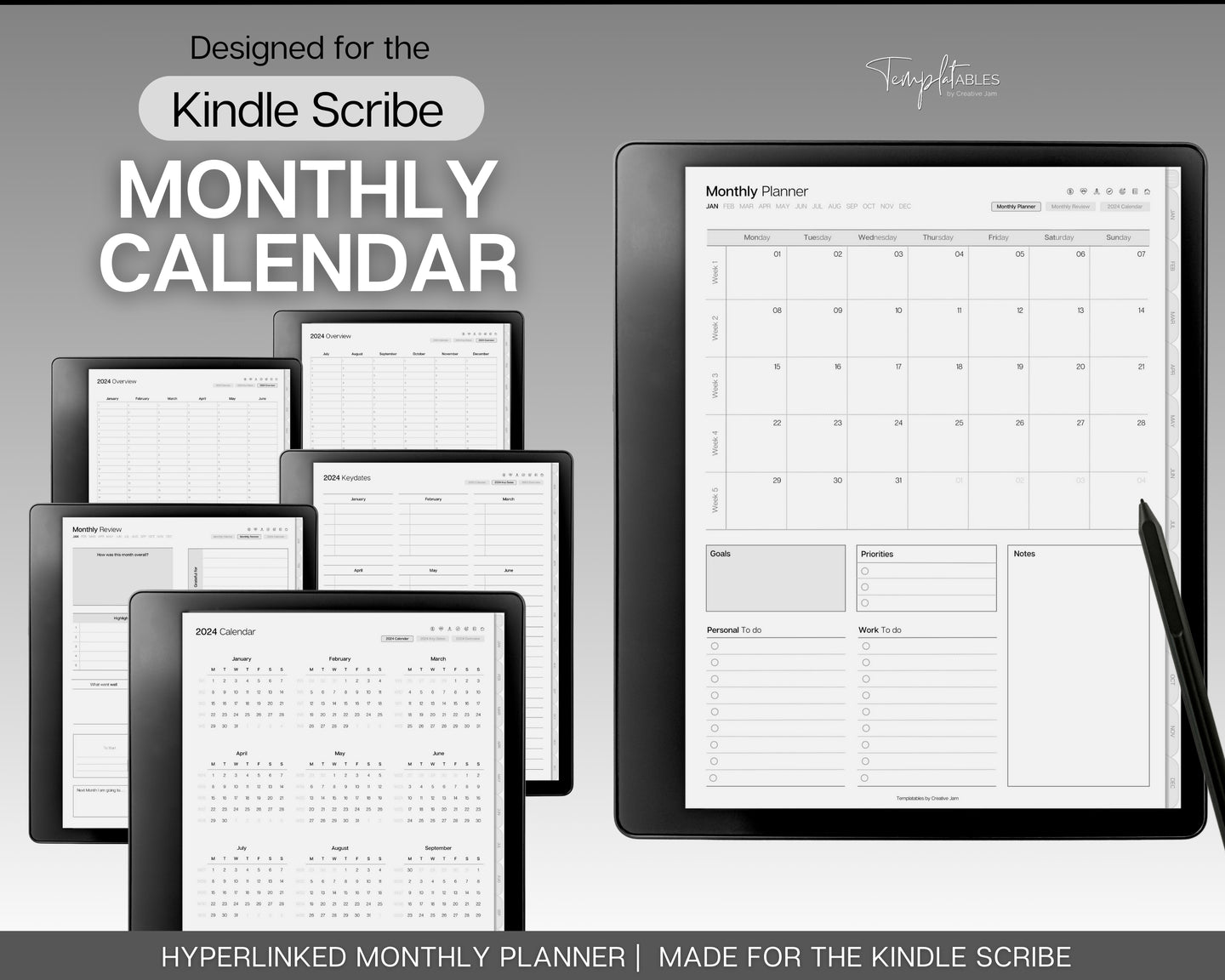 2025 Monthly Planners for Kindle Scribe | Hyperlinked Digital Planner | 2025 Monthly Planner