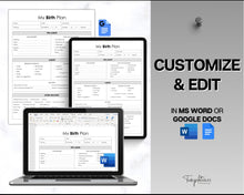 Load image into Gallery viewer, EDITABLE Birth Plan Template | Includes Birth Preferences, Birthing Plan Checklist, Pregnancy Planner, Natural Birth &amp; Hypnobirthing | Mono
