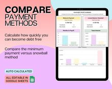 Load image into Gallery viewer, Dave Ramsey Debt Snowball Calculator | Google Sheets Debt Payoff Automated Tracker Template | Budget Planner Spreadsheet | Colorful
