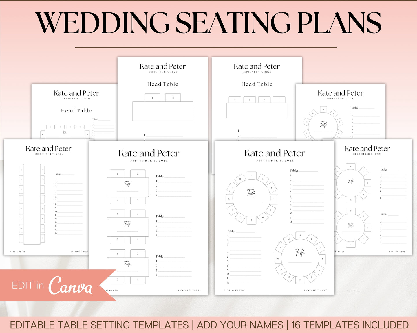 EDITABLE Wedding Seating Chart Templates | Round & Rectangle Tables, Head Table, Seating Arrangement, Wedding Planner & Seat Map for Reception