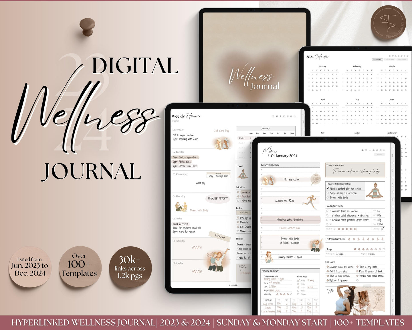 Digital Wellness Journal 2023 - 2024 | Digital Fitness, Self Care Journal for GoodNotes & iPad | Mono