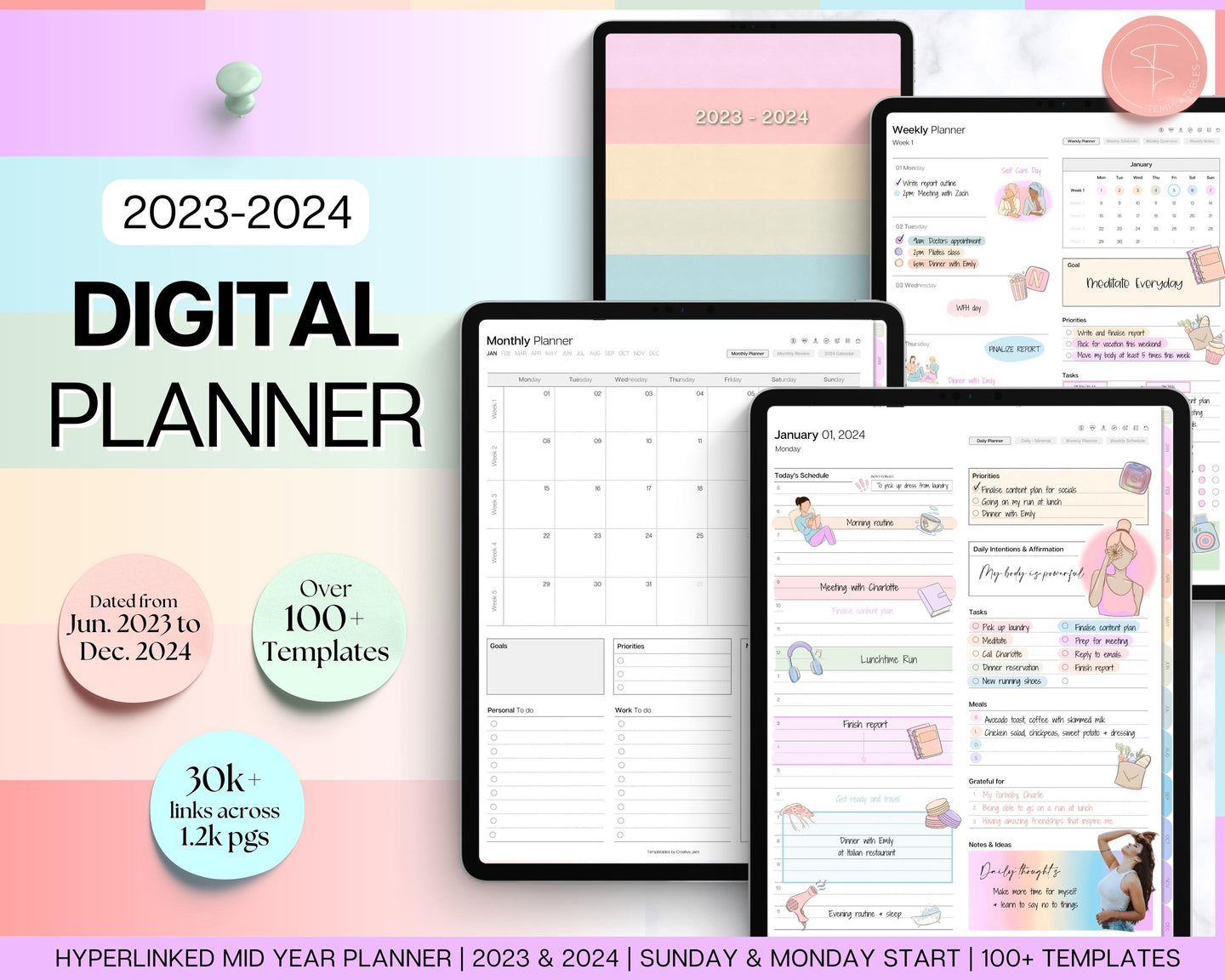 2023 2024 Ultimate Digital Planner | Daily, Weekly, Monthly Planner for iPad & GoodNotes, That Girl Aesthetic | Colorful