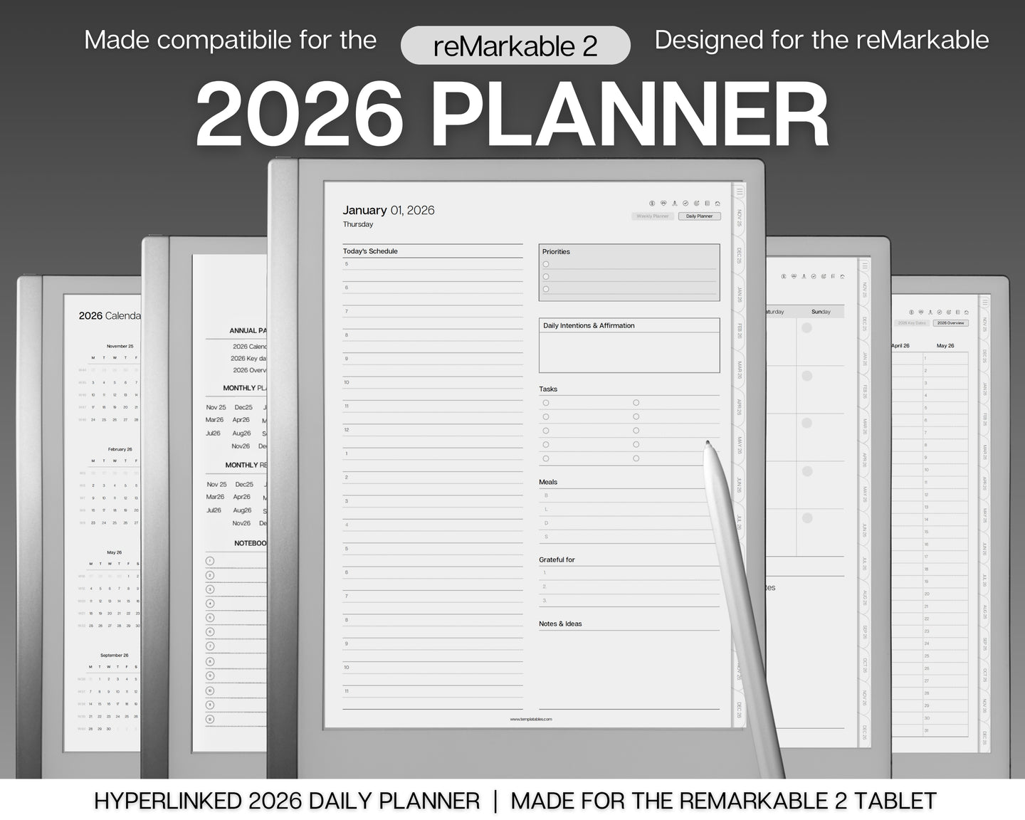 2026 Daily Planner for the reMarkable | Hyperlinked Digital Planner with templates for reMarkable tablets, Calendar & Task List Planner | Minimalist