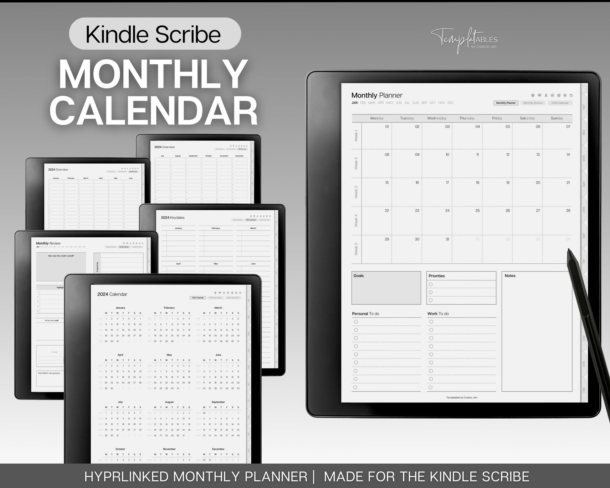 2024 Kindle Scribe Monthly Planner Hyperlinked Monthly Calendar 2024