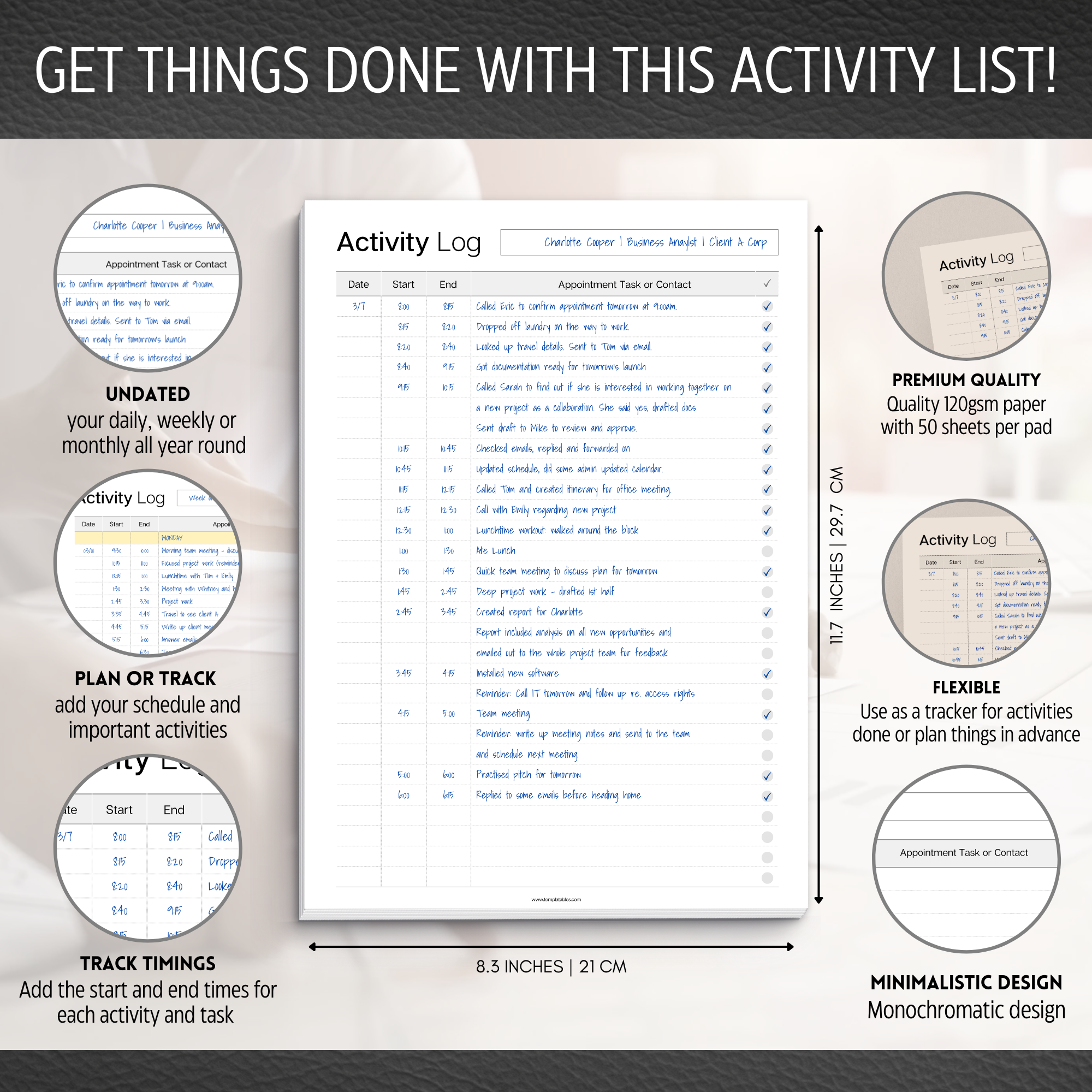 Activity Log Notepad A4 – Daily Undated Work Task Planner Log Book