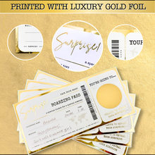Load image into Gallery viewer, GOLD Scratch &amp; Reveal Travel Ticket - Personalized Surprise Boarding Pass Gift with ENVELOPE | Golden Ticket, Unique Flight Travel Gift for Anniversary, Birthday, Valentines &amp; Christmas Holidays
