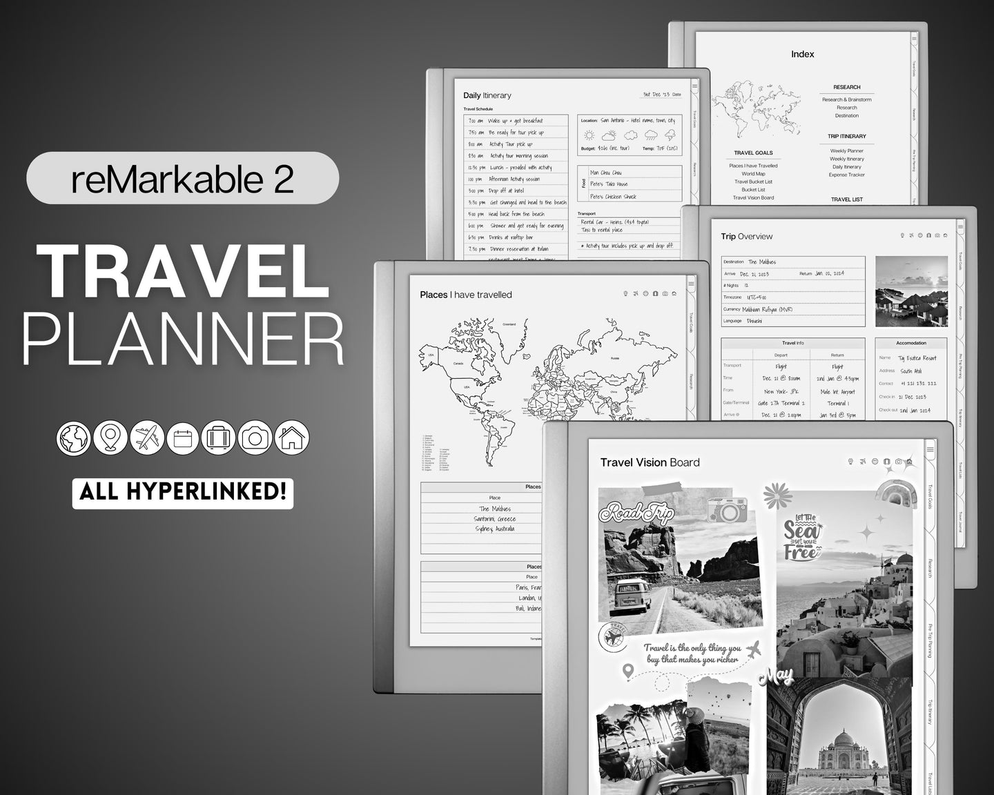 reMarkable 2 Travel Planner | Digital Travel Journal, Vacation Diary & Travel Iteniary for Remarkable 2