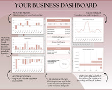 Load image into Gallery viewer, Small Business Bookkeeping Spreadsheet | Google Sheets Automated Business Expense Tracker &amp; Product Invetory Tracker | Lux
