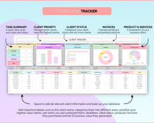 Load image into Gallery viewer, Client Tracker Spreadsheet | Includes CRM Tracker, Lead &amp; Task Tracker, Client Record book, Business Planner &amp; Communication Log | For Small Business Owners | Colorful
