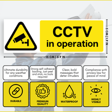 Load image into Gallery viewer, CCTV in Operation Stickers (Pack of 2) 5 x 15cm | Weatherproof Self Adhesive Security Camera Warning Sign
