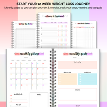 Load image into Gallery viewer, 12 Week Weight Loss Journal | Pounds Lost &amp; Body Measurements Tracker | A5 Pastel Rainbow
