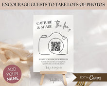 Load image into Gallery viewer, Editable Capture the Love QR Code Sign | EDITABLE Wedding Reception Signage for Camera, Wedding Table games, QR Code Canva Template &amp; Modern Photo Sign
