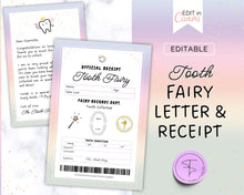 Load image into Gallery viewer, EDITABLE Tooth Fairy Letter | Tooth Fairy Receipt Template with Note, Toothfairy Certificate, Canva Template, Lost or First Tooth Gift
