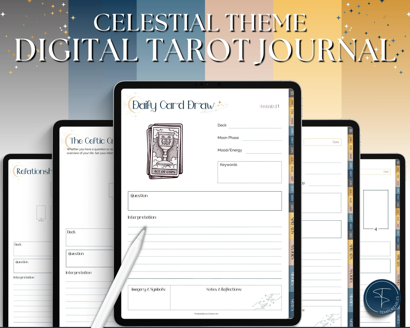 Digital Tarot Journal Workbook for GoodNotes | Tarot Planner, Daily Card Reading, Tarot Spreads, Tarot Deck Notebook | Celestial Theme
