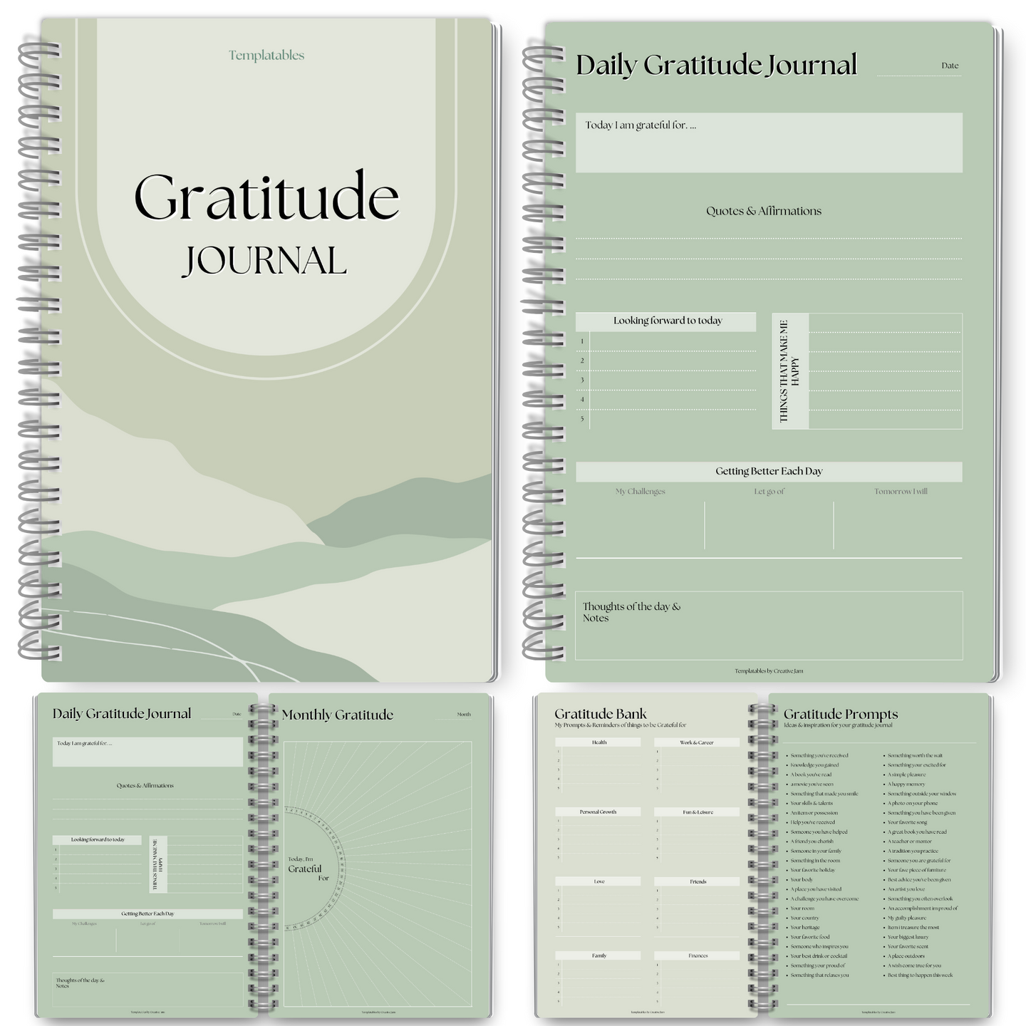 Gratitude & Mindfulness Journal | Gratitude Template, Self Care Planner, Positivity Diary, Daily Journal, Gratitude Jar, Wellness, Manifestation Journal | A5 Green
