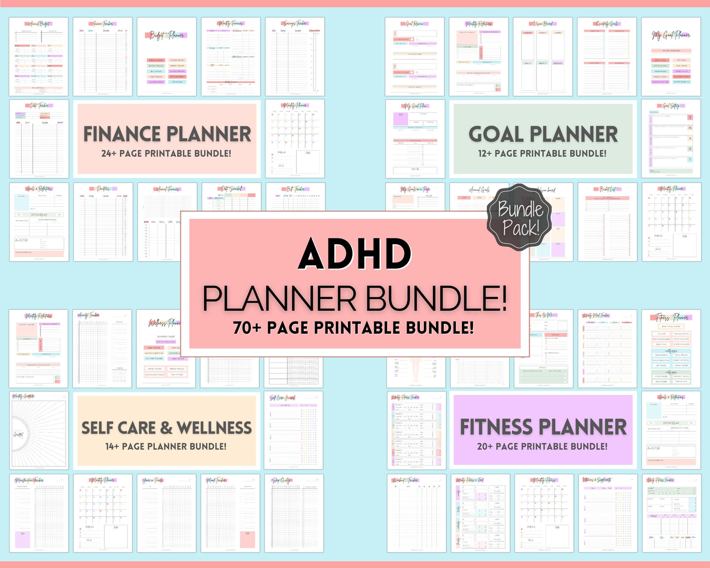 Ultimate ADHD Planner Bundle | Printable ADHD Neurodivergent Daily Life Planner, Fitness, Goal, Finances & Budget, Self Care Planner | Pastel Rainbow