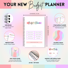 Load image into Gallery viewer, Budget Planner &amp; Monthly Bill Organizer | Finance Budget Planner, Financial Savings, Debt, Income, Expenses, Spending &amp; Bill Trackers | A5 Pastel Rainbow
