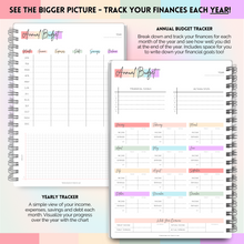 Load image into Gallery viewer, Budget Planner &amp; Monthly Bill Organizer | Finance Budget Planner, Financial Savings, Debt, Income, Expenses, Spending &amp; Bill Trackers | A5 Pastel Rainbow
