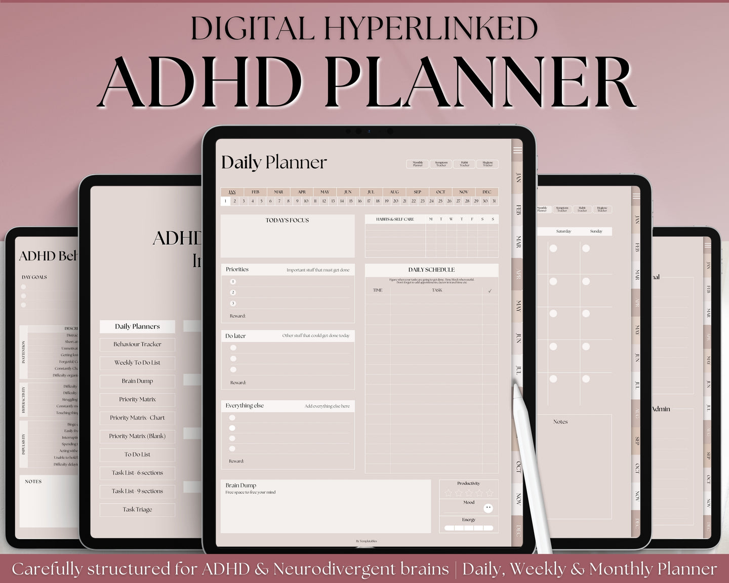 ADHD Digital Planner - Daily Planner for Neurodivergent Adults | Brain Dump Template, To Do List, Cleaning, Symptom Tracker for GoodNotes & iPad | Boho Lux