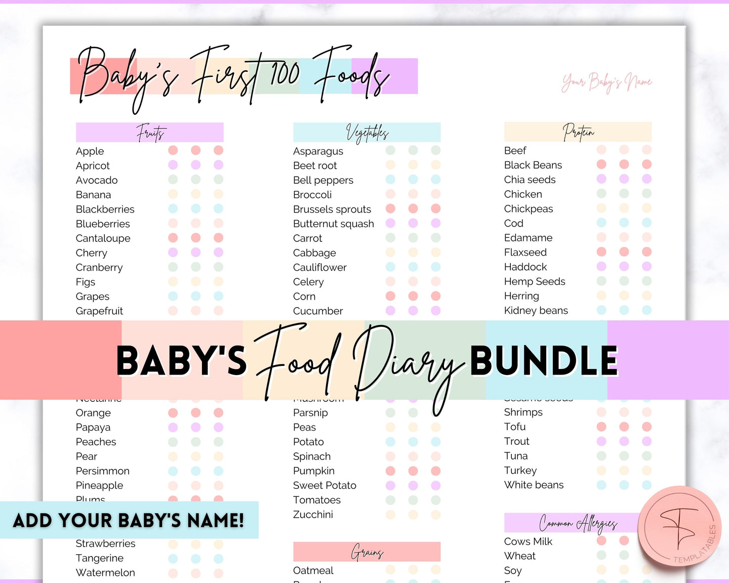 Rainbow Baby Food Tracker Printable BUNDLE | Baby’s First Foods Meal Planner & Daily Food Diary, 100 Foods Before 1 | Colorful Rainbow