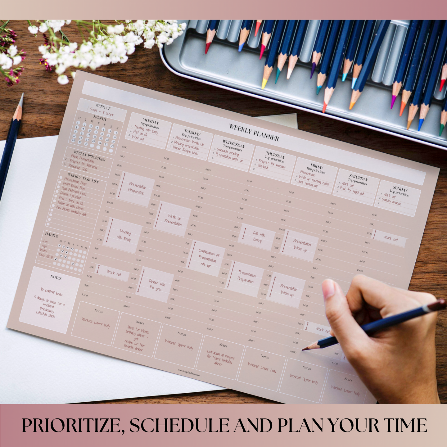 Weekly Hourly Planner Notepad, Daily Planner Desk Pad, Weekly Schedule, To Do List Note Pad, ADHD Planner | 50 Undated Tear Away Sheets A4 | Lux