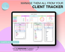 Load image into Gallery viewer, Client Tracker Spreadsheet | Includes CRM Tracker, Lead &amp; Task Tracker, Client Record book, Business Planner &amp; Communication Log | For Small Business Owners | Colorful
