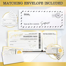 Load image into Gallery viewer, GOLD Scratch &amp; Reveal Travel Ticket - Personalized Surprise Boarding Pass Gift with ENVELOPE | Golden Ticket, Unique Flight Travel Gift for Anniversary, Birthday, Valentines &amp; Christmas Holidays
