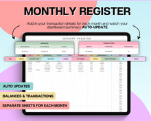 Load image into Gallery viewer, Checkbook Register Spreadsheet | Google Sheets Check Register with Bill, Expenses, Credit Card, Income, Spending Tracker &amp; Finance Template
