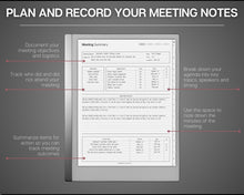 Load image into Gallery viewer, reMarkable 2 Meeting Minutes Template |  Meeting Agenda, Note Taking, Project planner, Task List Templates
