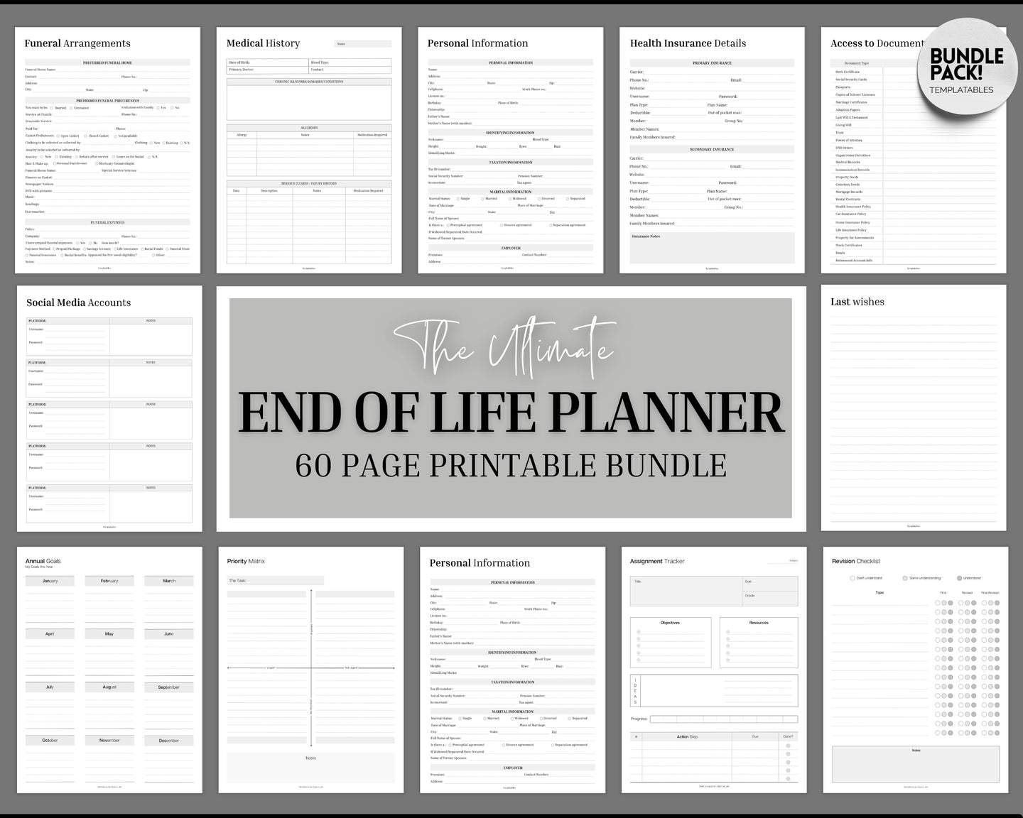 End of Life Planner Printable Bundle | With Medical, Death, Estate, Funeral planning, Emergency Binder | Prepare just in case, What if binder & Household planner